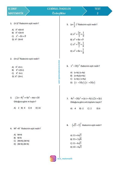8 sınıf matematik özdeşlikler test pdf
